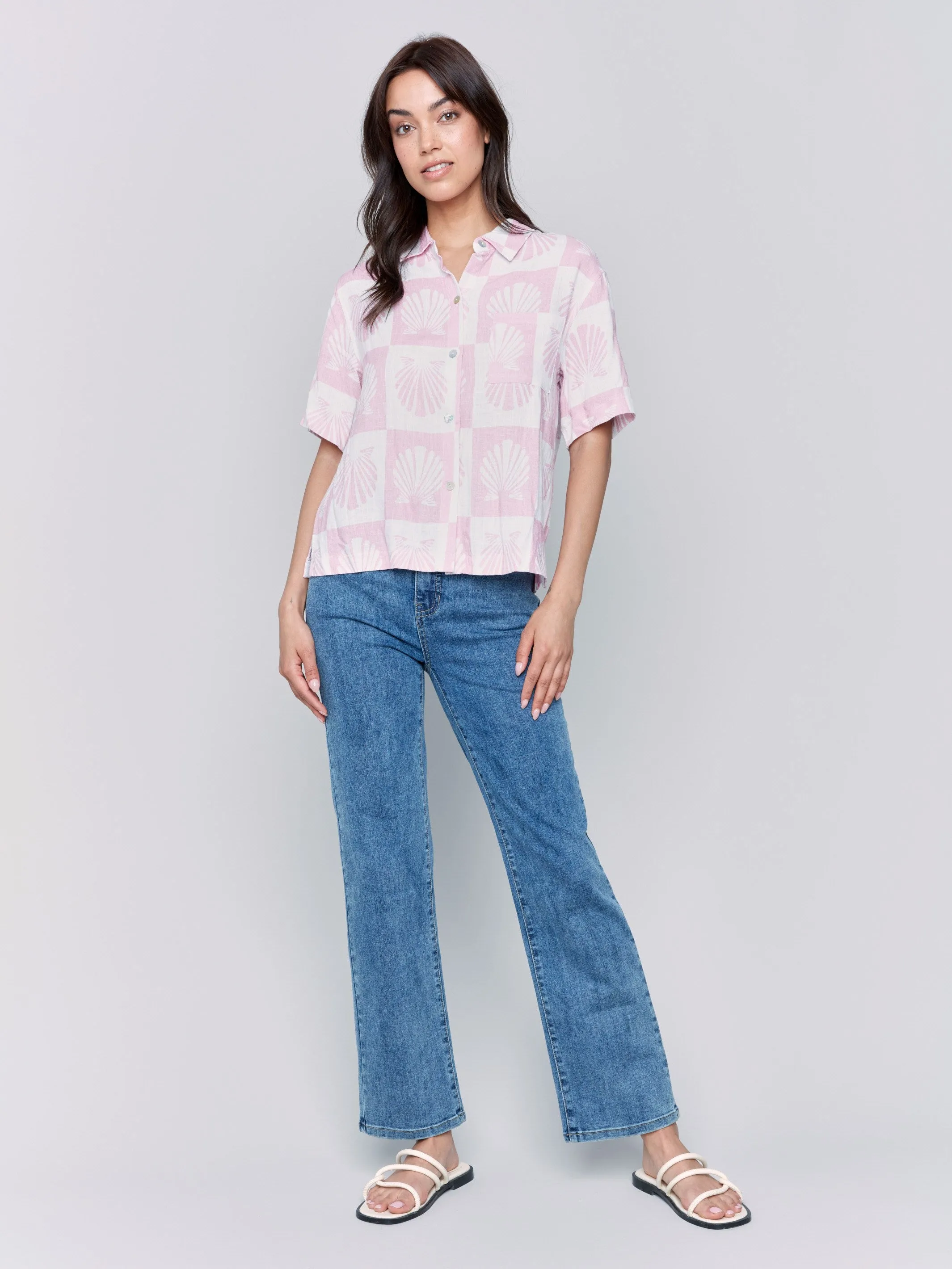 Short-Sleeve Printed Linen-Blend Blouse - Shell