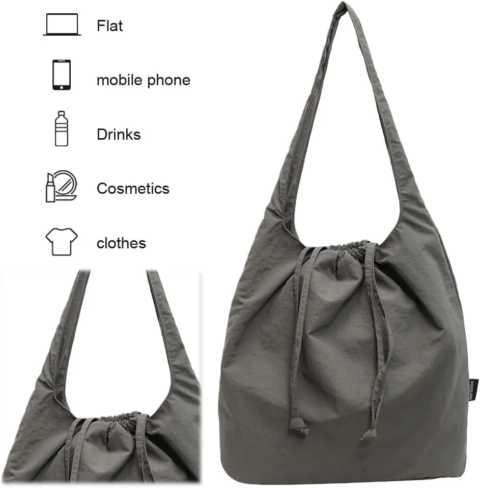 Shoulder Bag for Women with Multi Pockets Tote Bag Nylon Drawstring Hobo Bag Solid Travel Bag