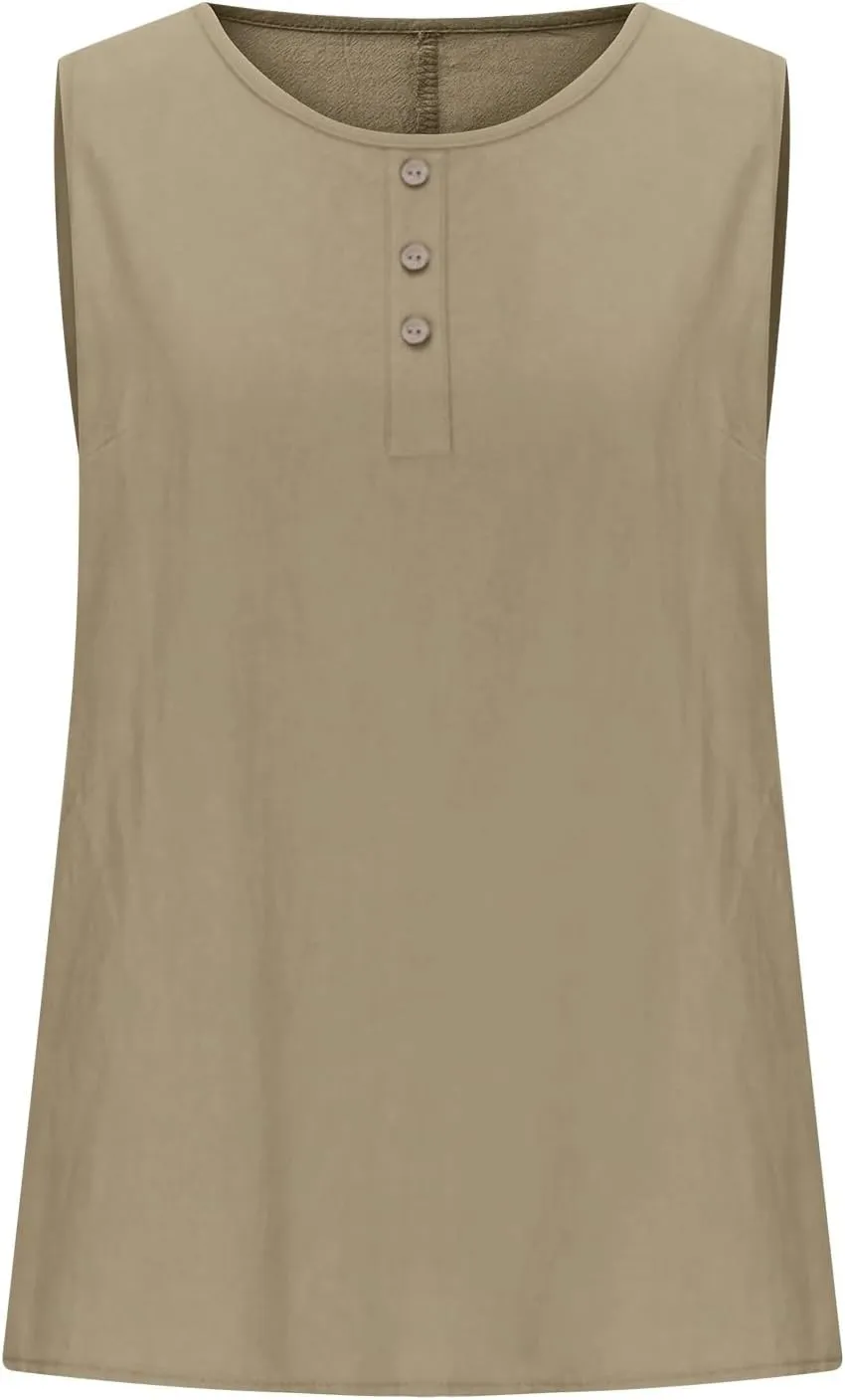 Simple Basic Tank for Women 2025 Button Embellished Solid Camisole Sleeveless Round Neck Top Lightweight Resort Shirt