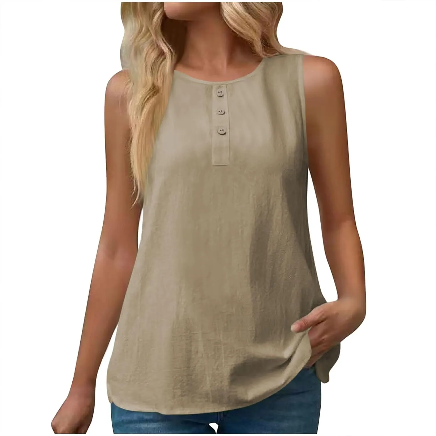 Simple Basic Tank for Women 2025 Button Embellished Solid Camisole Sleeveless Round Neck Top Lightweight Resort Shirt
