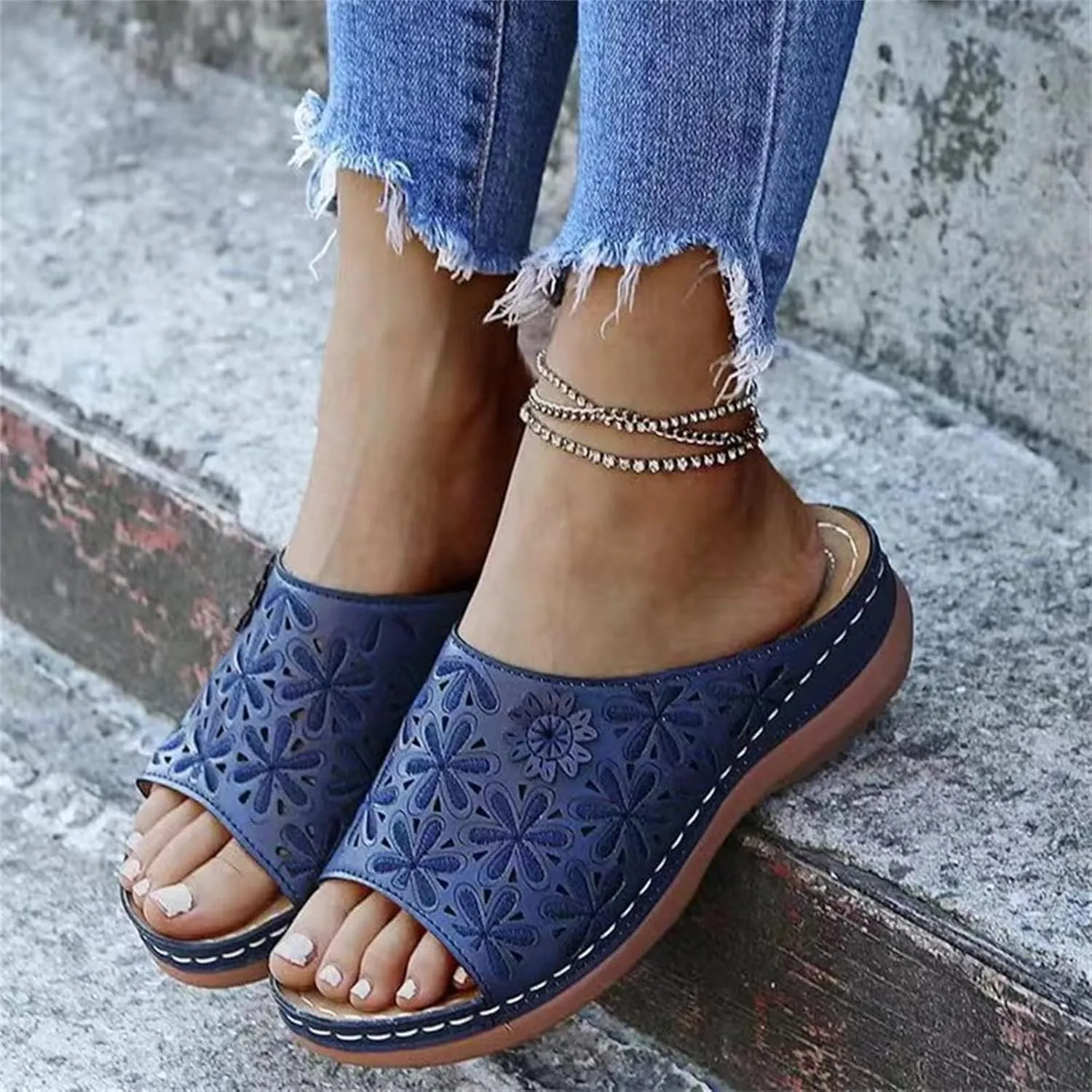 Slides for Women 2025, Orthotic Sandals, Orthopedic Shoes Comfort Wear Orthowear Shoes, Open Toe Wide Width Wedge Sandals Slip On Slippers for Summer Vacation Beach Walking Sandal Flower Print Trendy