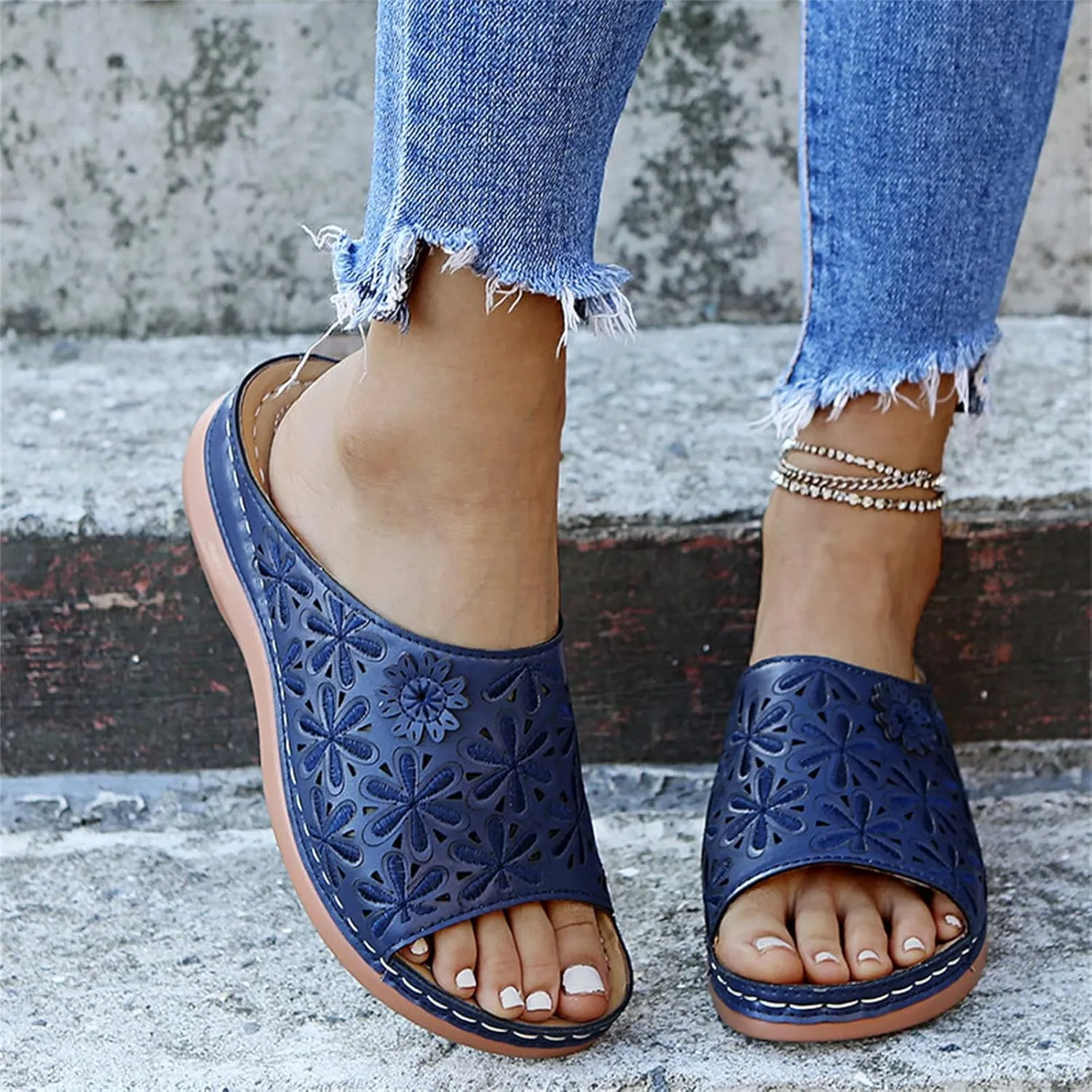 Slides for Women 2025, Orthotic Sandals, Orthopedic Shoes Comfort Wear Orthowear Shoes, Open Toe Wide Width Wedge Sandals Slip On Slippers for Summer Vacation Beach Walking Sandal Flower Print Trendy
