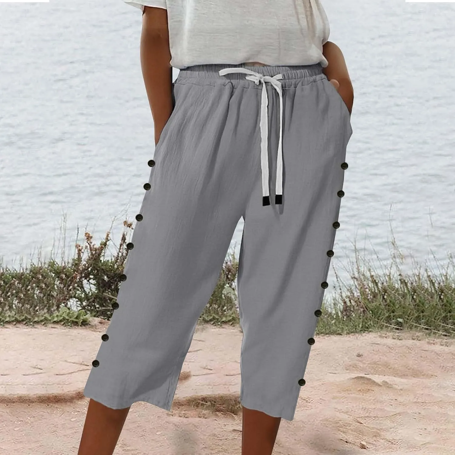 Solid Color Cotton Linen Pants Elastic Waist Cropped Pants Women 2025 Summer Pants Lightweight & Comfy Beach Casual Trousers