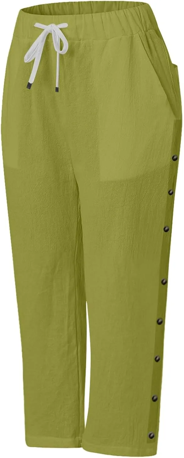 Solid Color Cotton Linen Pants Elastic Waist Cropped Pants Women 2025 Summer Pants Lightweight & Comfy Beach Casual Trousers