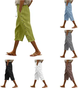 Solid Color Cotton Linen Pants Elastic Waist Cropped Pants Women 2025 Summer Pants Lightweight & Comfy Beach Casual Trousers