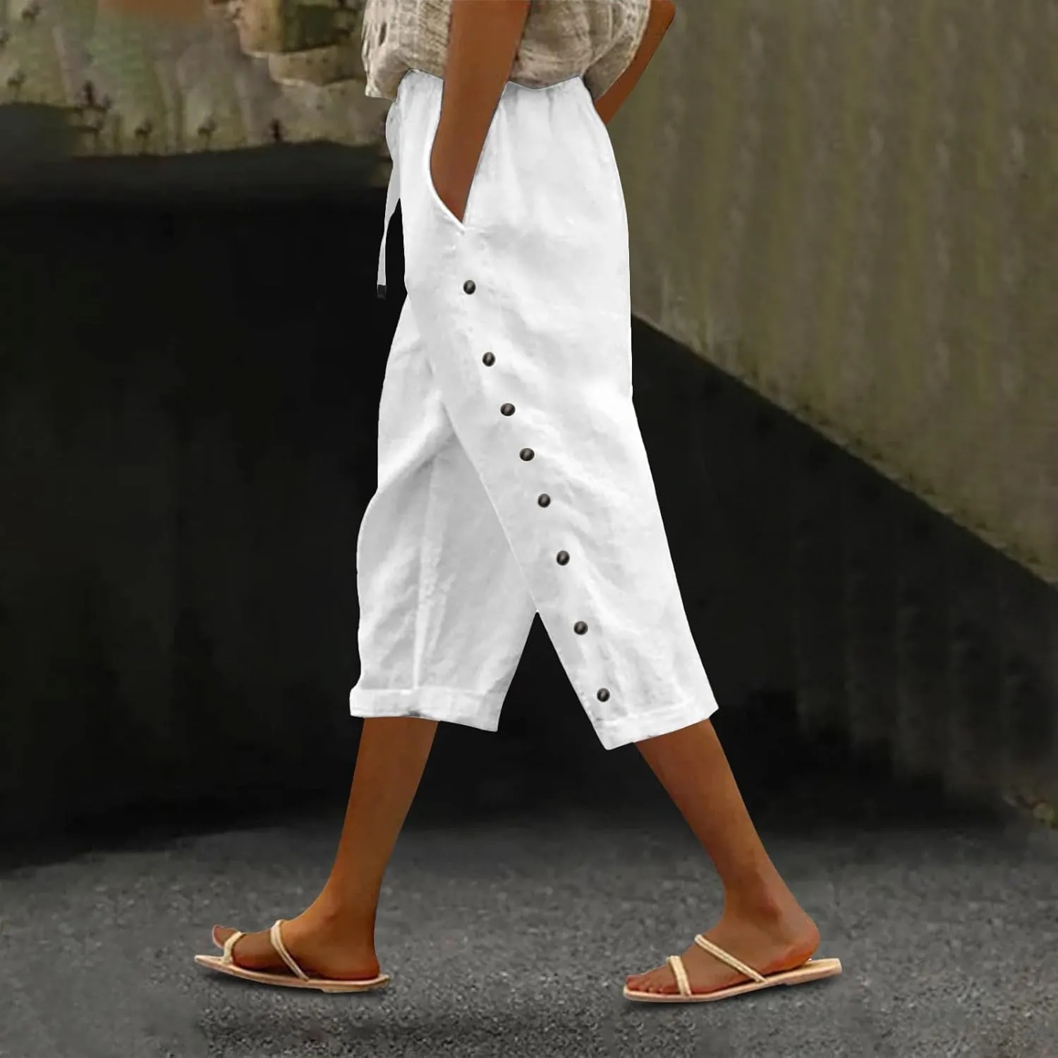 Solid Color Cotton Linen Pants Elastic Waist Cropped Pants Women 2025 Summer Pants Lightweight & Comfy Beach Casual Trousers