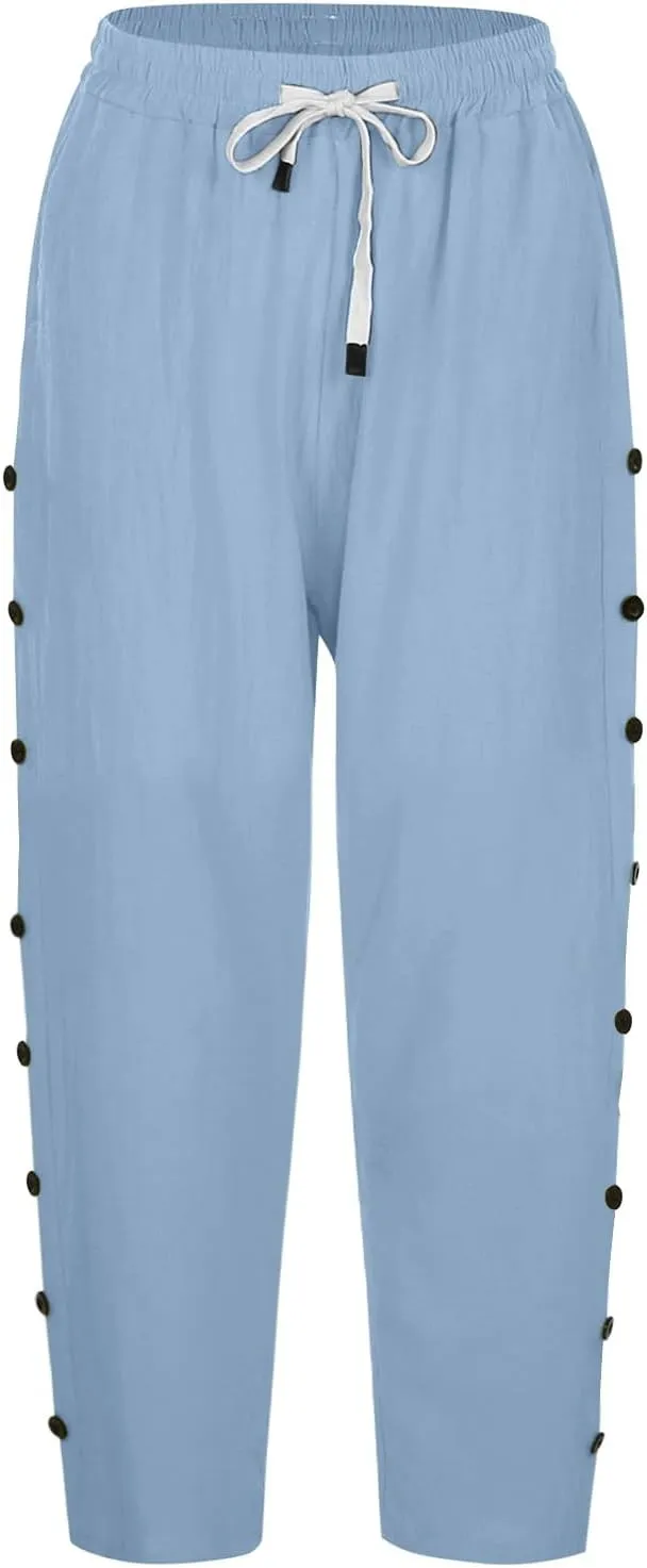 Solid Color Cotton Linen Pants Elastic Waist Cropped Pants Women 2025 Summer Pants Lightweight & Comfy Beach Casual Trousers