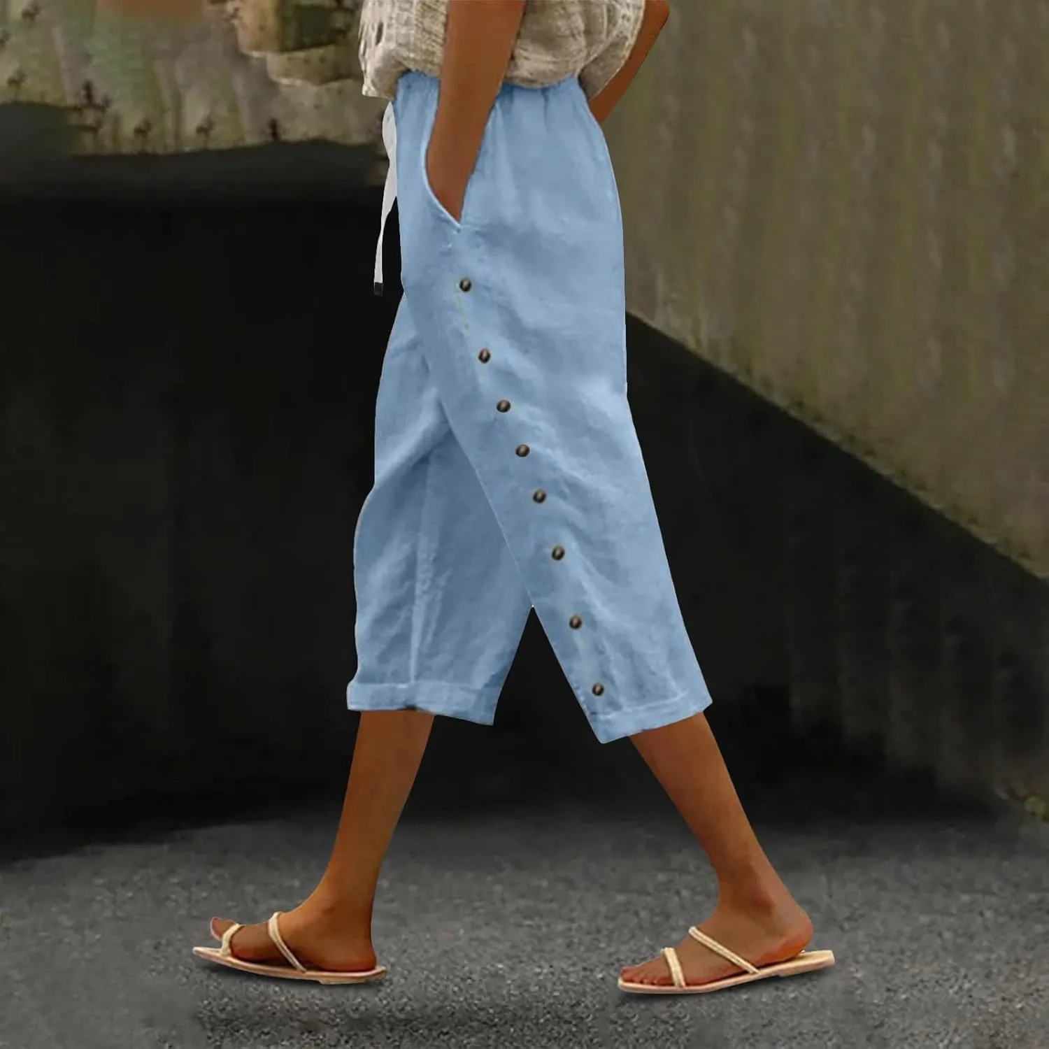 Solid Color Cotton Linen Pants Elastic Waist Cropped Pants Women 2025 Summer Pants Lightweight & Comfy Beach Casual Trousers