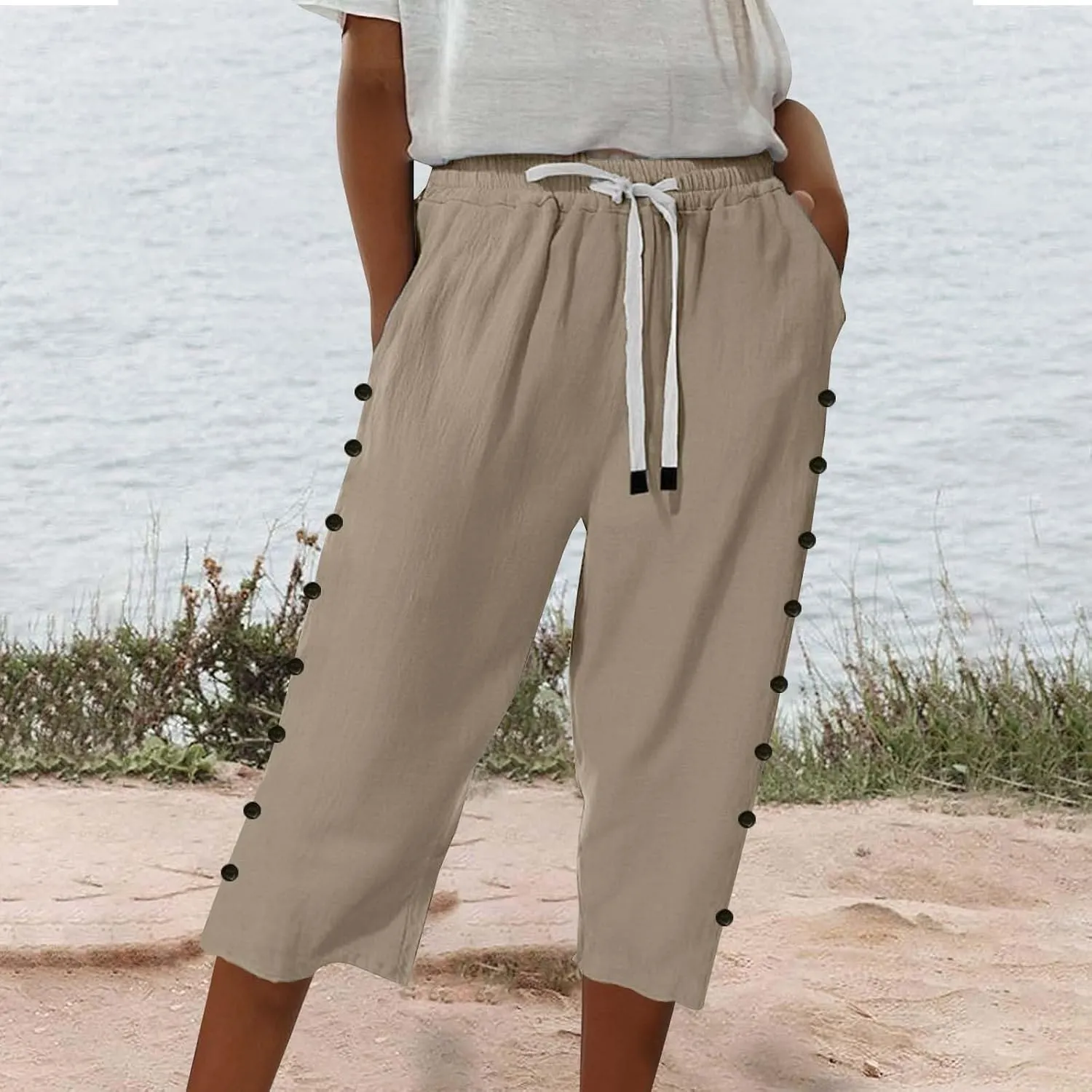 Solid Color Cotton Linen Pants Elastic Waist Cropped Pants Women 2025 Summer Pants Lightweight & Comfy Beach Casual Trousers