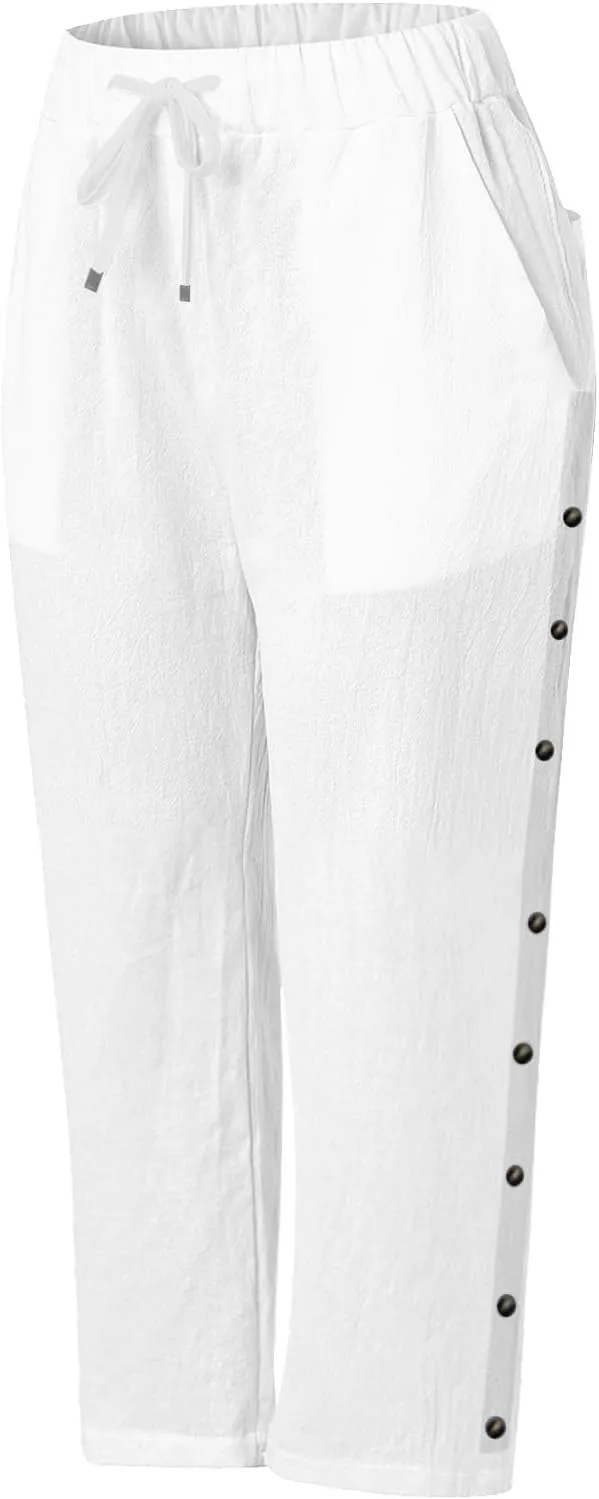 Solid Color Cotton Linen Pants Elastic Waist Cropped Pants Women 2025 Summer Pants Lightweight & Comfy Beach Casual Trousers