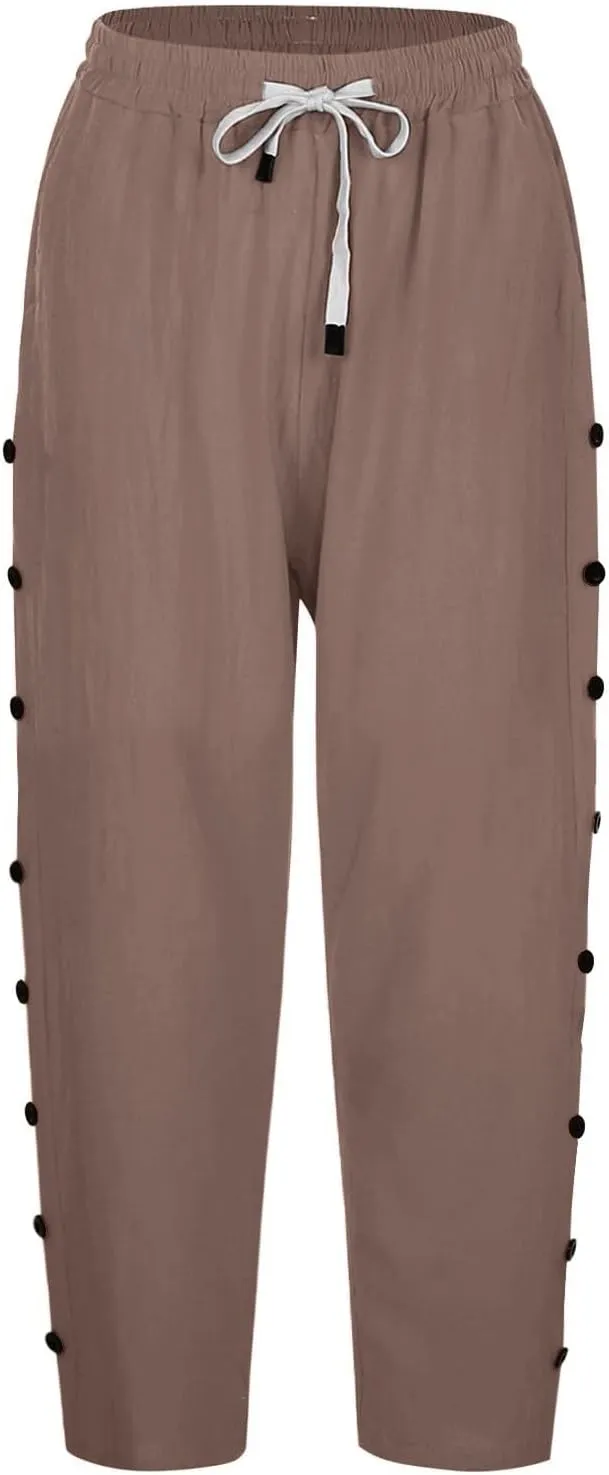 Solid Color Cotton Linen Pants Elastic Waist Cropped Pants Women 2025 Summer Pants Lightweight & Comfy Beach Casual Trousers
