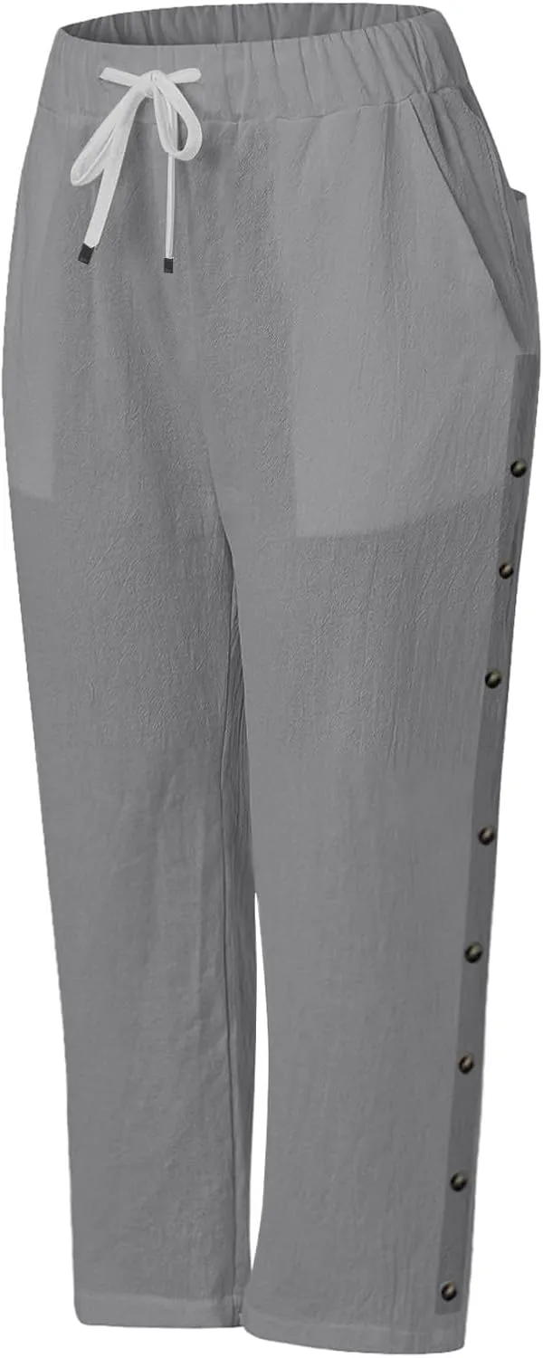 Solid Color Cotton Linen Pants Elastic Waist Cropped Pants Women 2025 Summer Pants Lightweight & Comfy Beach Casual Trousers