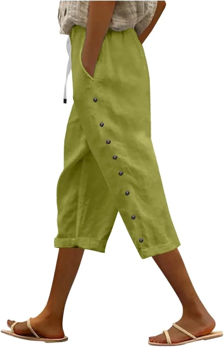 Solid Color Cotton Linen Pants Elastic Waist Cropped Pants Women 2025 Summer Pants Lightweight & Comfy Beach Casual Trousers