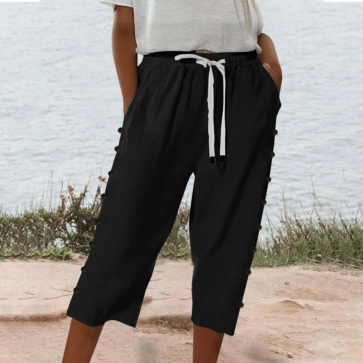 Solid Color Cotton Linen Pants Elastic Waist Cropped Pants Women 2025 Summer Pants Lightweight & Comfy Beach Casual Trousers