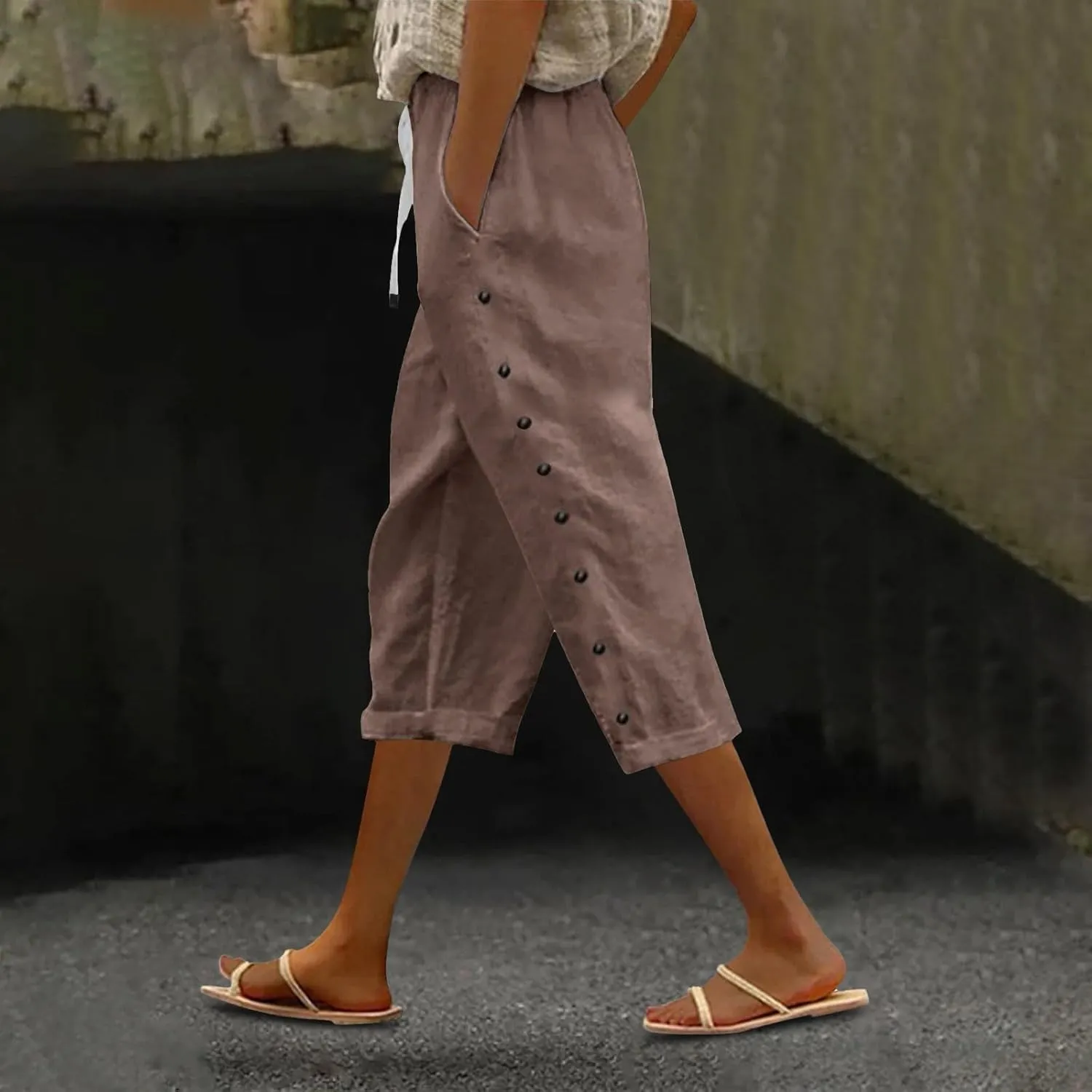 Solid Color Cotton Linen Pants Elastic Waist Cropped Pants Women 2025 Summer Pants Lightweight & Comfy Beach Casual Trousers