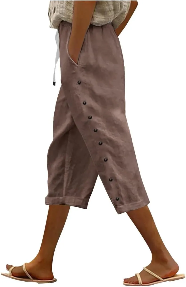 Solid Color Cotton Linen Pants Elastic Waist Cropped Pants Women 2025 Summer Pants Lightweight & Comfy Beach Casual Trousers