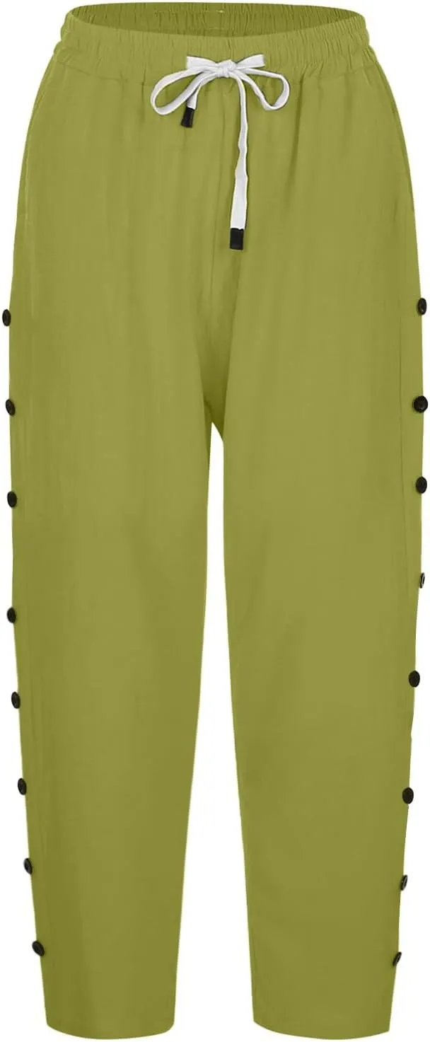 Solid Color Cotton Linen Pants Elastic Waist Cropped Pants Women 2025 Summer Pants Lightweight & Comfy Beach Casual Trousers
