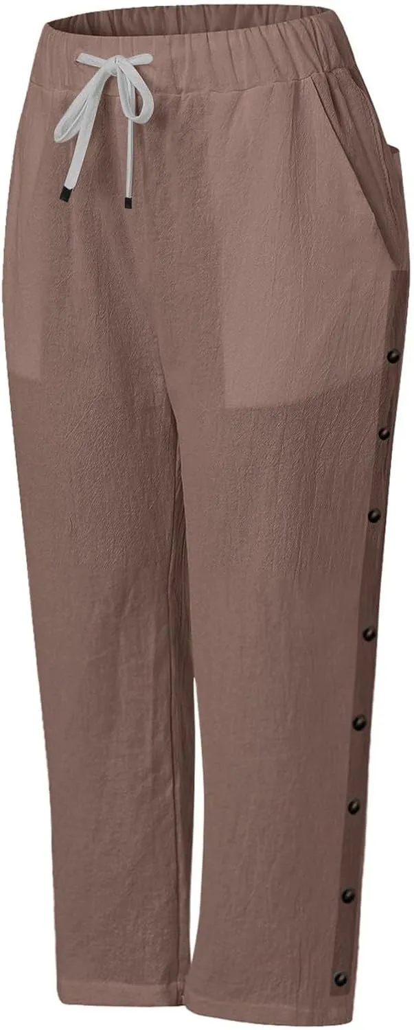 Solid Color Cotton Linen Pants Elastic Waist Cropped Pants Women 2025 Summer Pants Lightweight & Comfy Beach Casual Trousers
