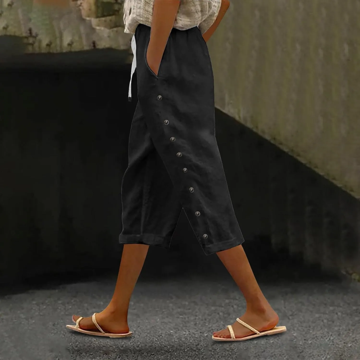 Solid Color Cotton Linen Pants Elastic Waist Cropped Pants Women 2025 Summer Pants Lightweight & Comfy Beach Casual Trousers