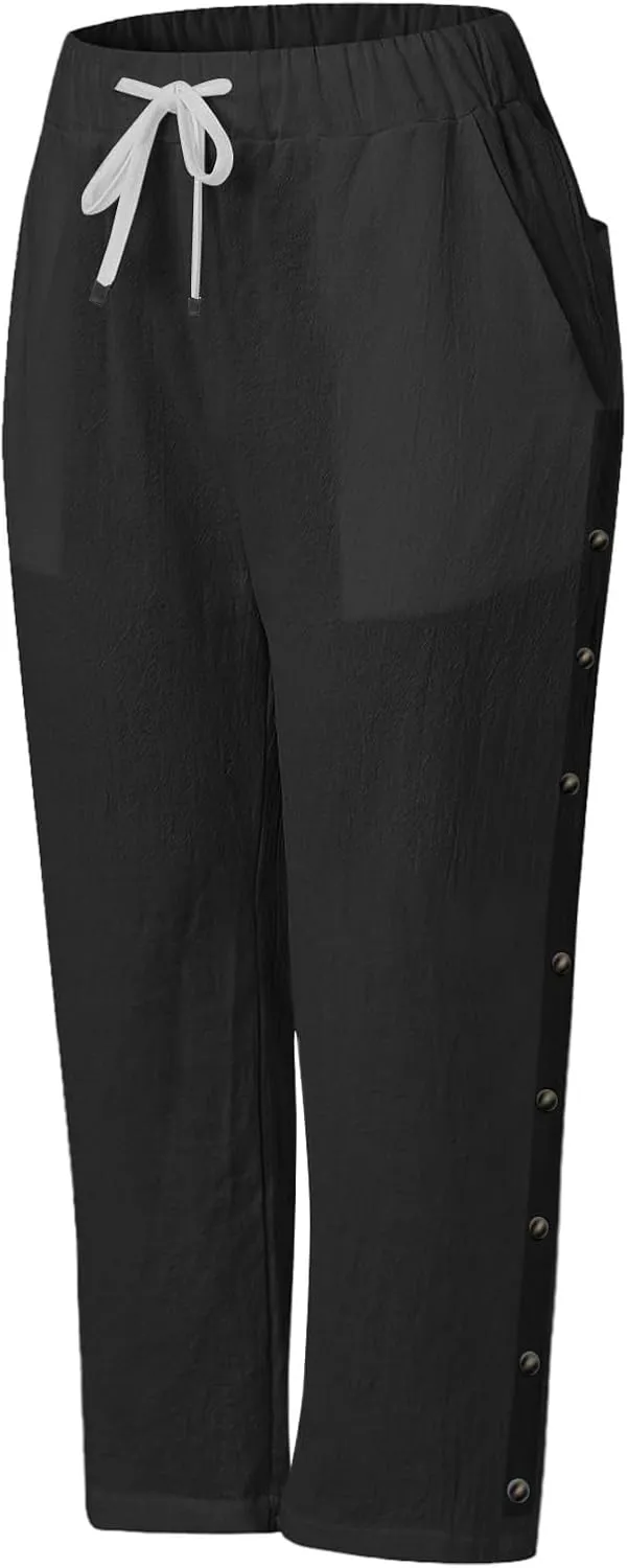 Solid Color Cotton Linen Pants Elastic Waist Cropped Pants Women 2025 Summer Pants Lightweight & Comfy Beach Casual Trousers