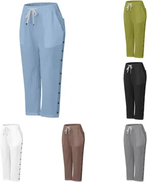 Solid Color Cotton Linen Pants Elastic Waist Cropped Pants Women 2025 Summer Pants Lightweight & Comfy Beach Casual Trousers