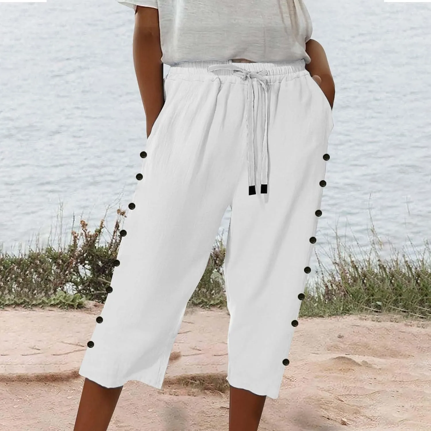 Solid Color Cotton Linen Pants Elastic Waist Cropped Pants Women 2025 Summer Pants Lightweight & Comfy Beach Casual Trousers