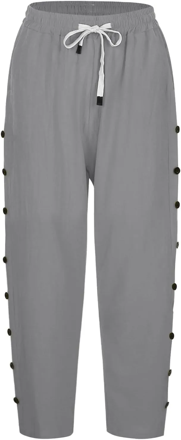 Solid Color Cotton Linen Pants Elastic Waist Cropped Pants Women 2025 Summer Pants Lightweight & Comfy Beach Casual Trousers