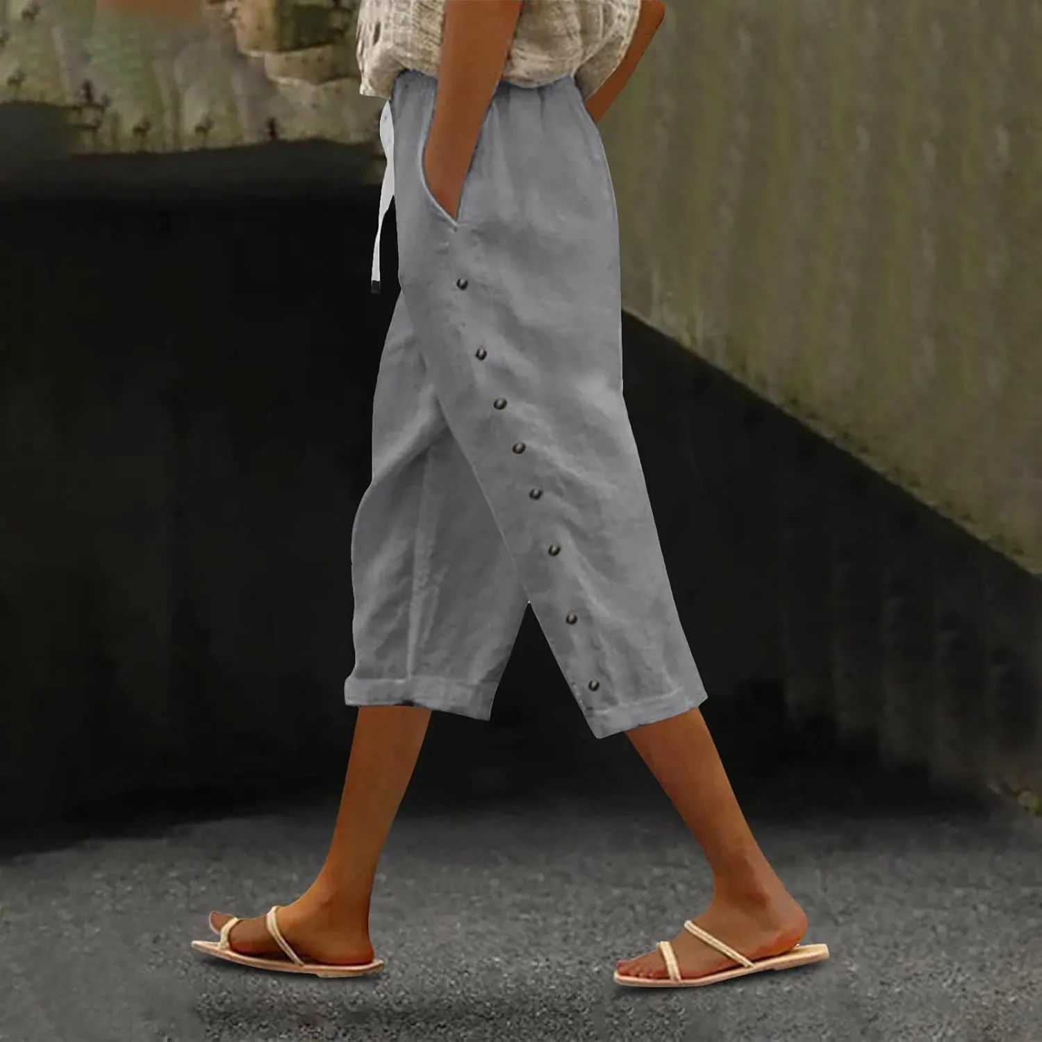 Solid Color Cotton Linen Pants Elastic Waist Cropped Pants Women 2025 Summer Pants Lightweight & Comfy Beach Casual Trousers