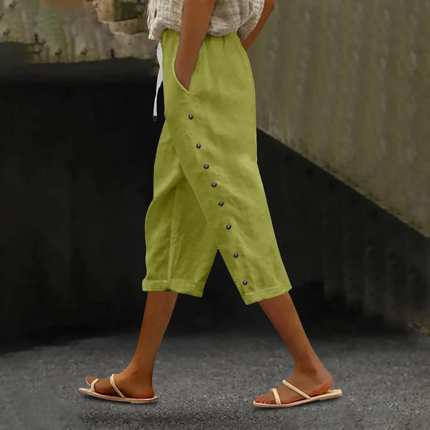 Solid Color Cotton Linen Pants Elastic Waist Cropped Pants Women 2025 Summer Pants Lightweight & Comfy Beach Casual Trousers