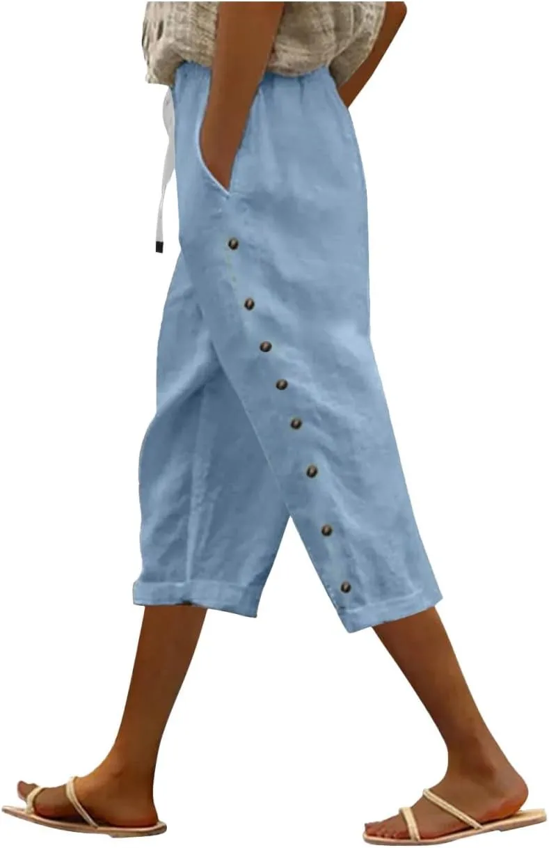 Solid Color Cotton Linen Pants Elastic Waist Cropped Pants Women 2025 Summer Pants Lightweight & Comfy Beach Casual Trousers