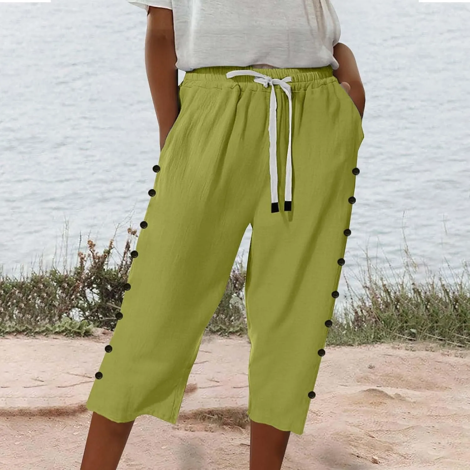 Solid Color Cotton Linen Pants Elastic Waist Cropped Pants Women 2025 Summer Pants Lightweight & Comfy Beach Casual Trousers