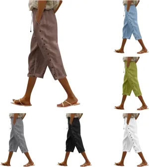 Solid Color Cotton Linen Pants Elastic Waist Cropped Pants Women 2025 Summer Pants Lightweight & Comfy Beach Casual Trousers