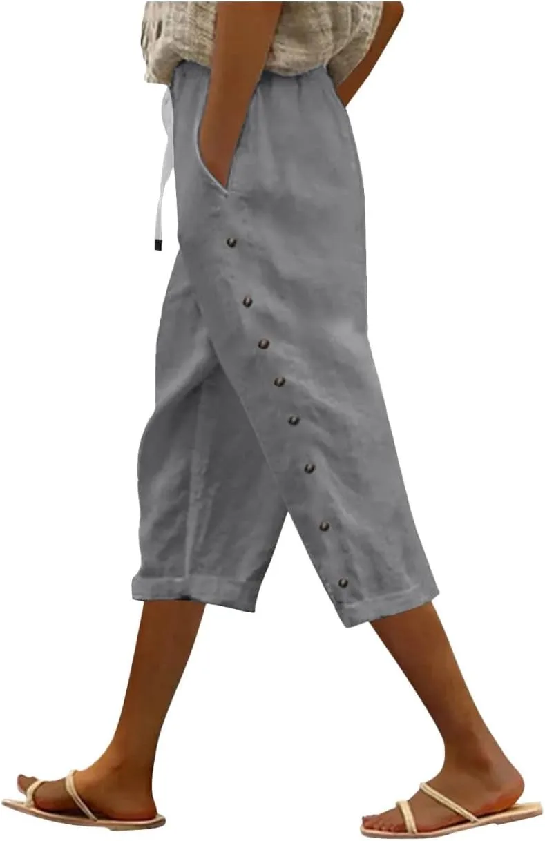 Solid Color Cotton Linen Pants Elastic Waist Cropped Pants Women 2025 Summer Pants Lightweight & Comfy Beach Casual Trousers