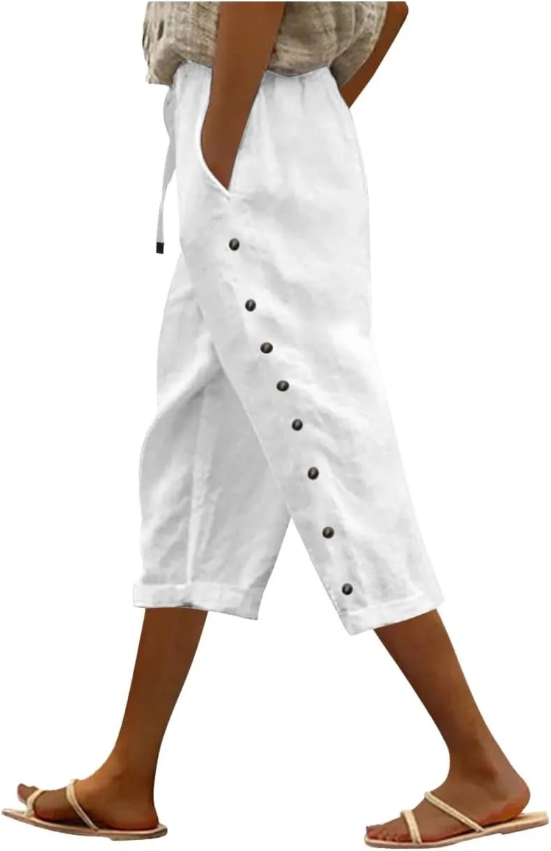 Solid Color Cotton Linen Pants Elastic Waist Cropped Pants Women 2025 Summer Pants Lightweight & Comfy Beach Casual Trousers