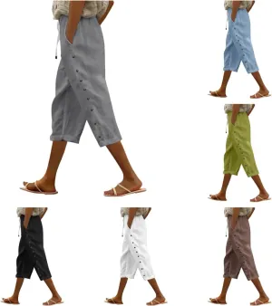 Solid Color Cotton Linen Pants Elastic Waist Cropped Pants Women 2025 Summer Pants Lightweight & Comfy Beach Casual Trousers