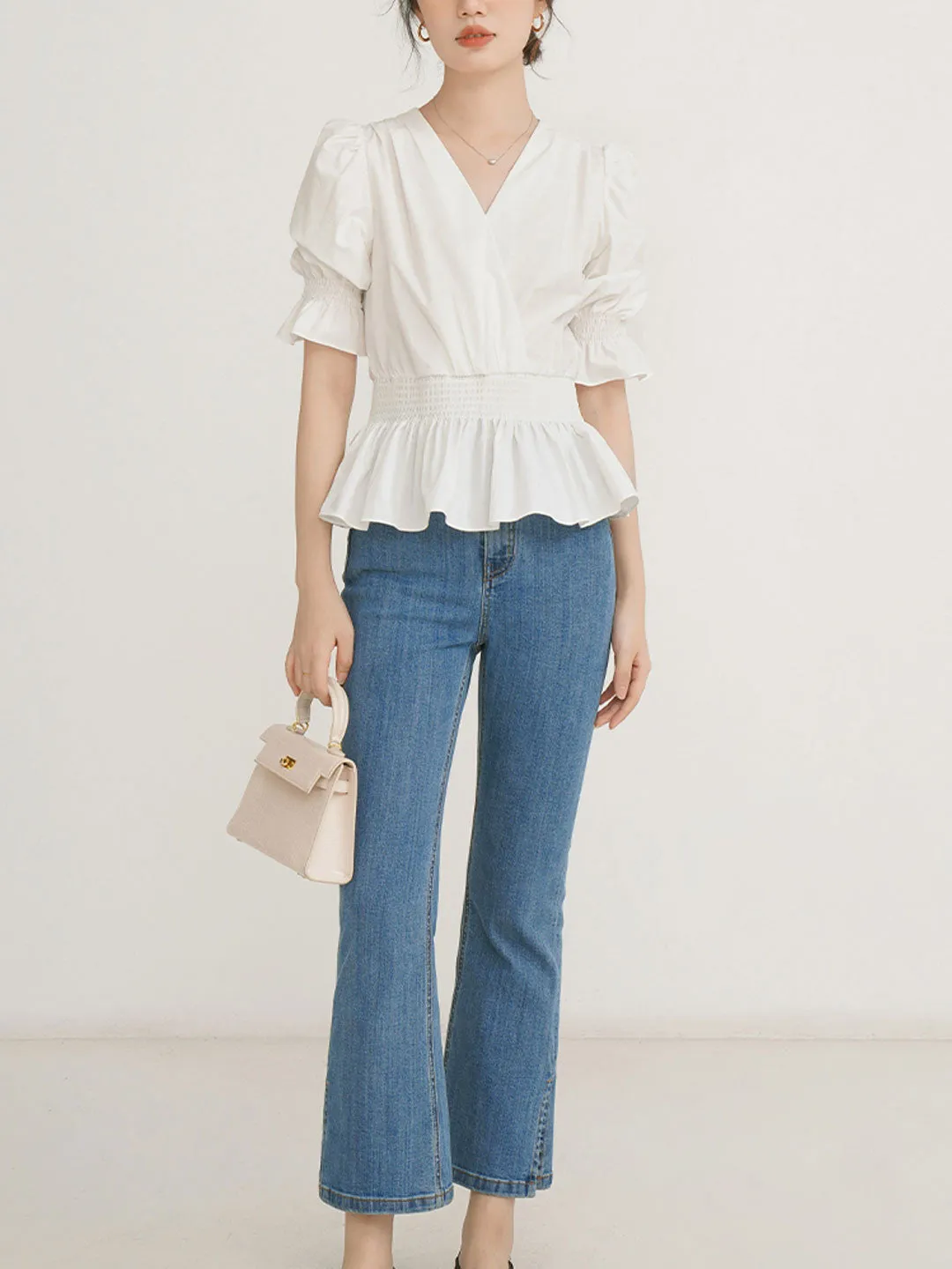 Sophie Elegant V-neck Puff Sleeve Waist Top