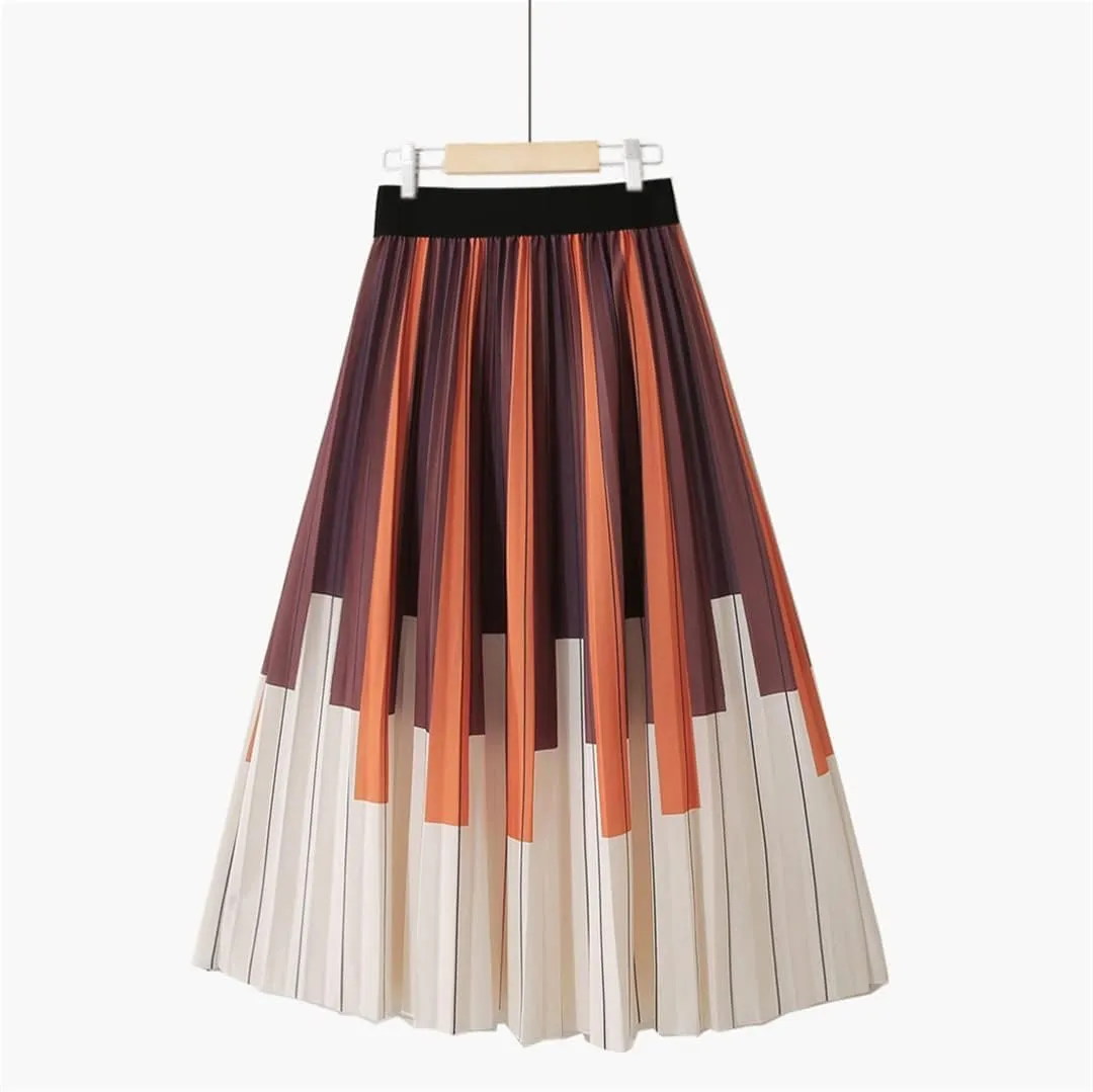 Spring Autumn Chic Midi Pleated Skirt for Women High Waist Striped A-Line Mid-Calf Skirts