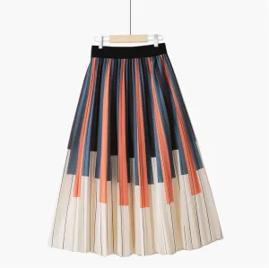 Spring Autumn Chic Midi Pleated Skirt for Women High Waist Striped A-Line Mid-Calf Skirts