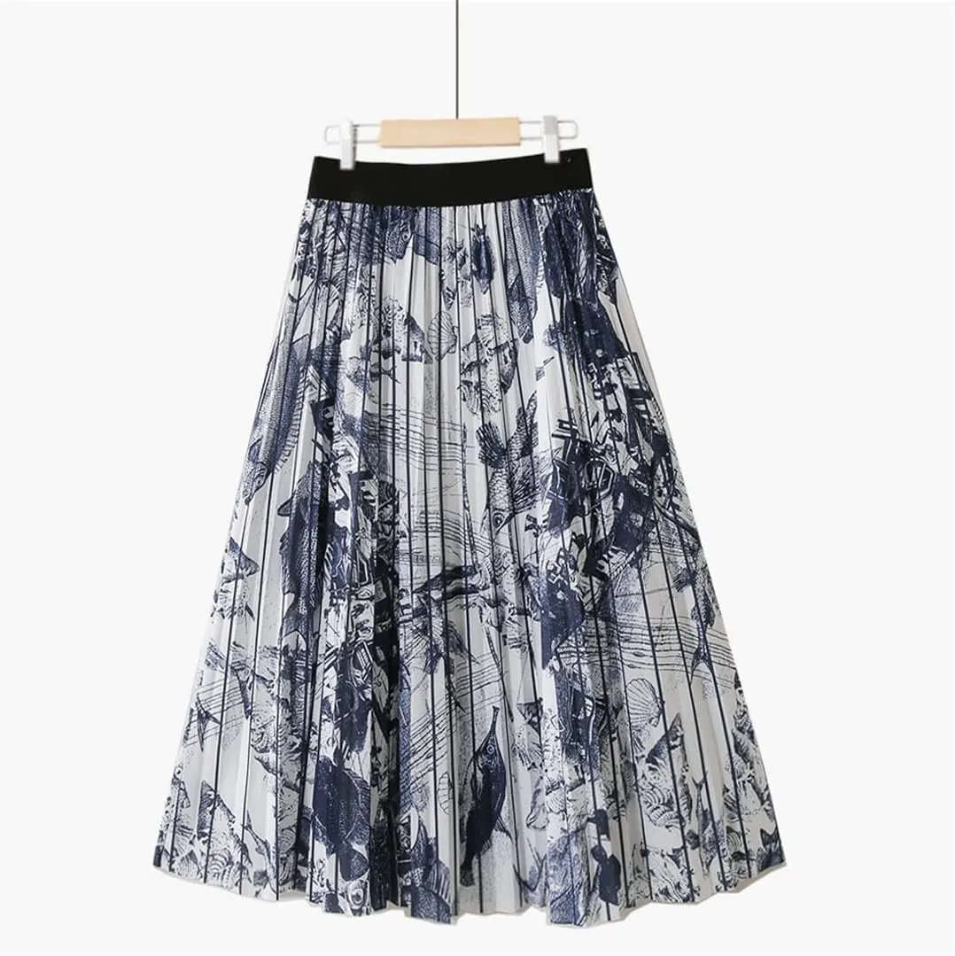 Spring Autumn Chic Midi Pleated Skirt for Women High Waist Striped A-Line Mid-Calf Skirts