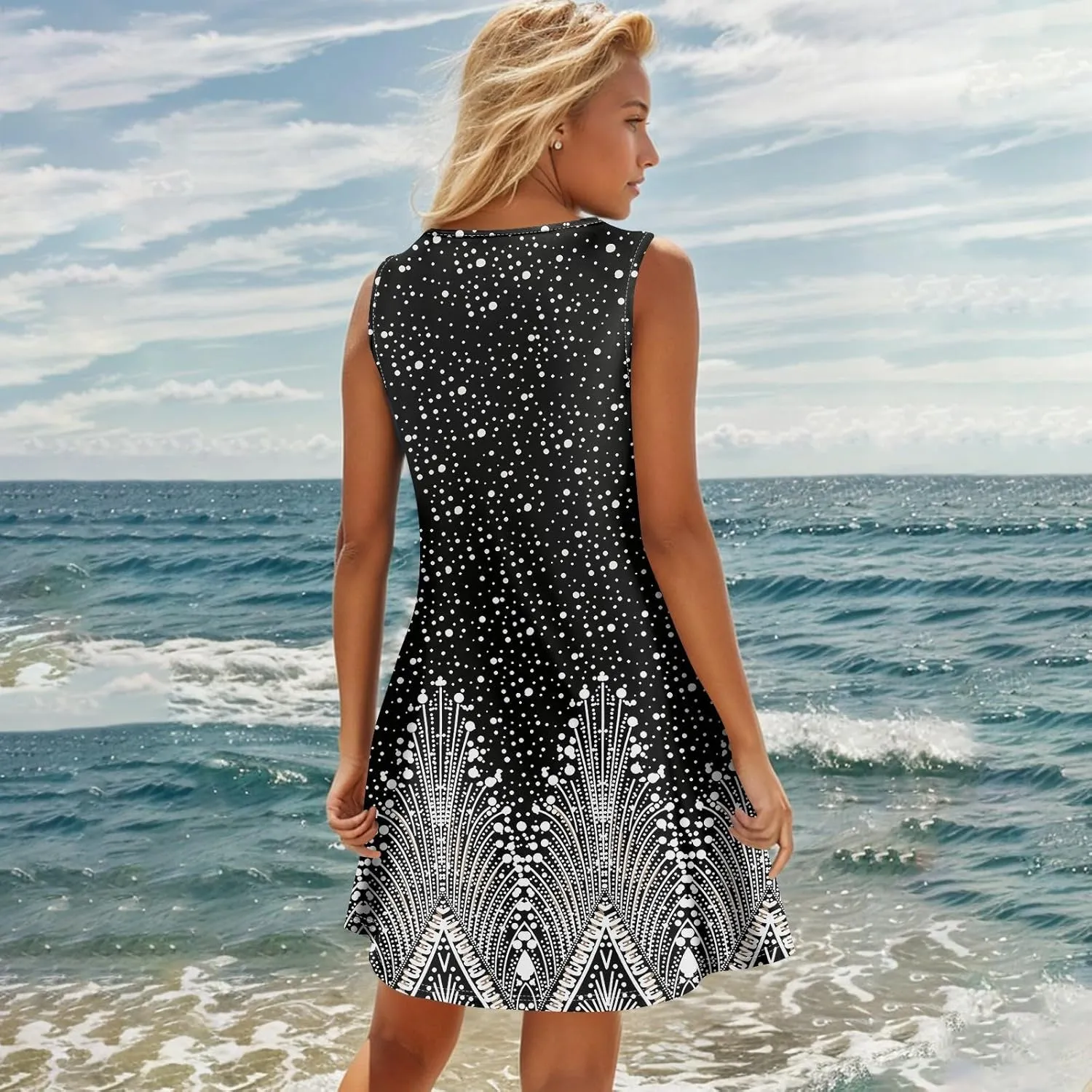 Spring Dresses for Women V Neck Button Floral Printed Boho Sleeveless A Line Mini Sundresses with Pockets
