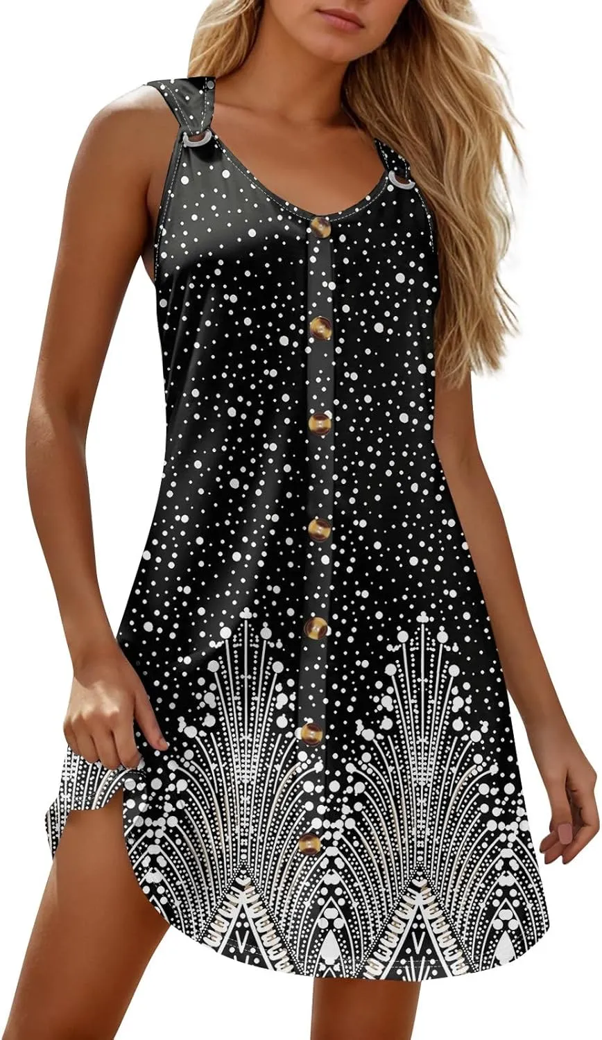 Spring Dresses for Women V Neck Button Floral Printed Boho Sleeveless A Line Mini Sundresses with Pockets