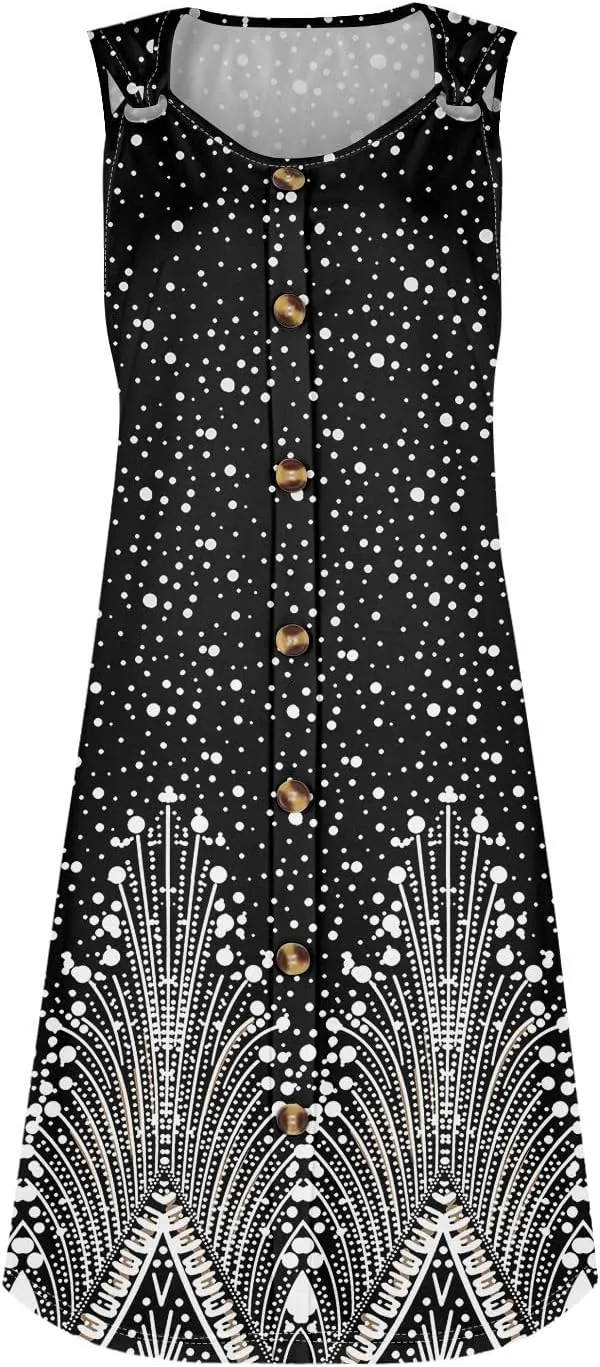 Spring Dresses for Women V Neck Button Floral Printed Boho Sleeveless A Line Mini Sundresses with Pockets