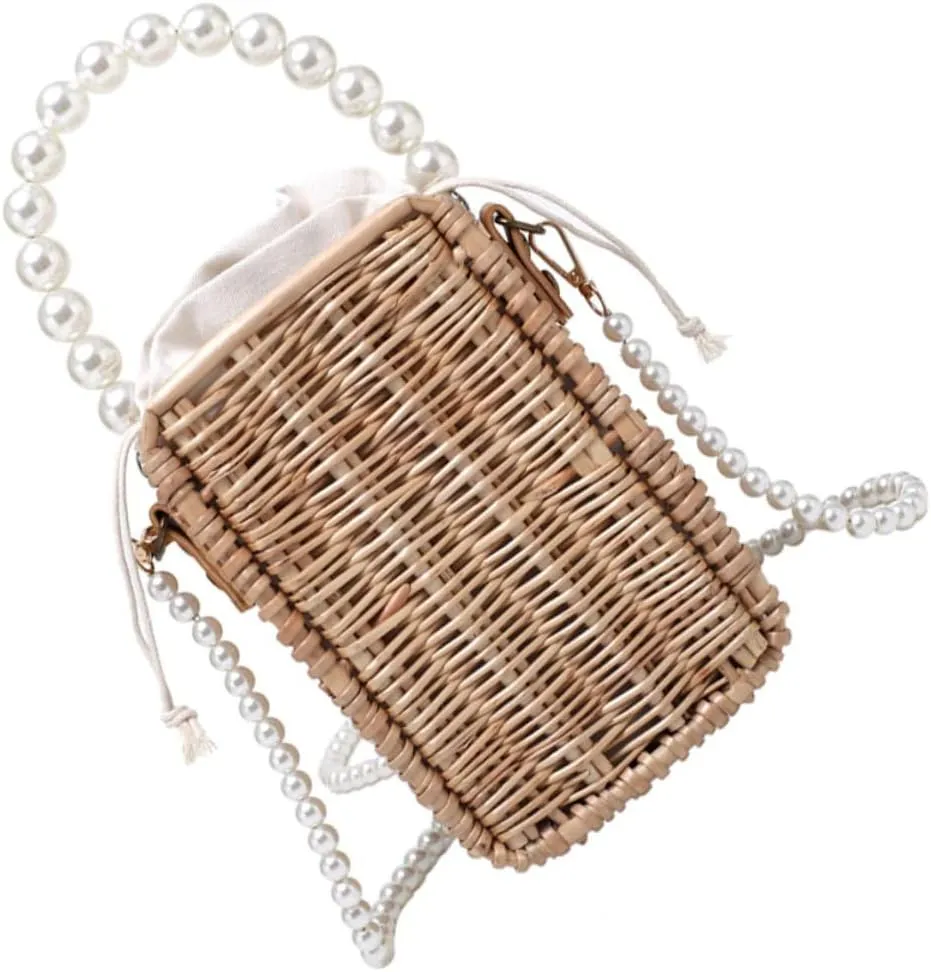 Square Bucket Shape Handbag Rattan Pearl Woven Bag Trendy Storage Bag for Shopping Travel Daily