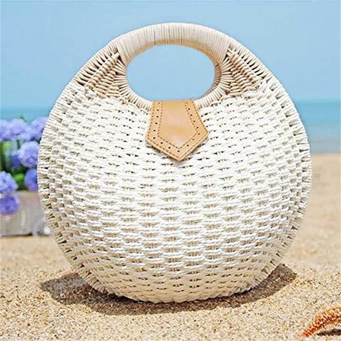 Straw Bags for Women,Hand-woven Straw Shell Bag Handle Ring Tote Retro Summer Beach Rattan bag