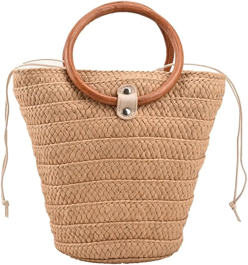 Straw Handbags for Women Handwoven Clutch Purse for Women with Drawstring Beach Bag Rattan Bucket Bag Summer Vacation