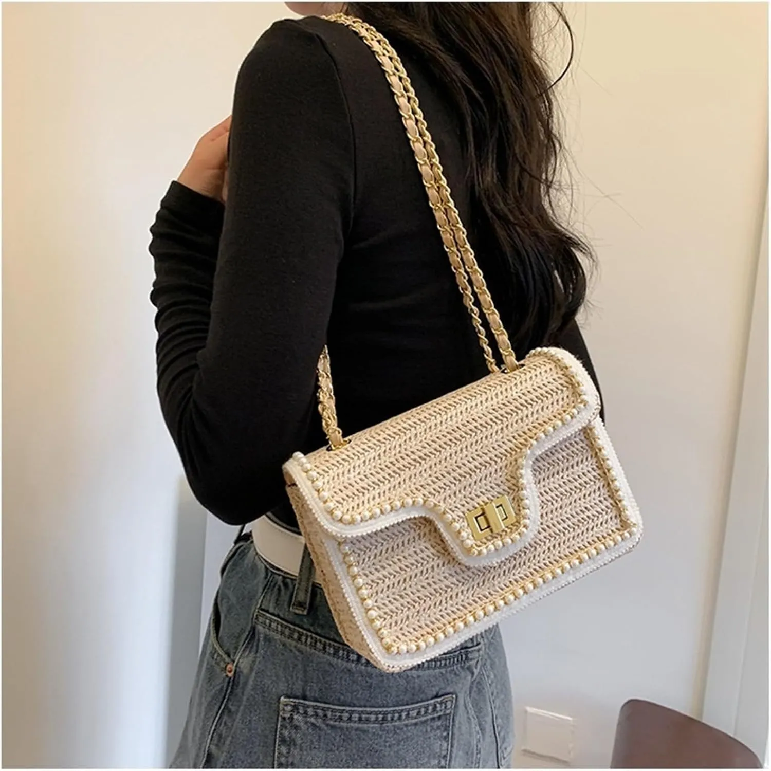 Straw Purses for Women Small Crossbody Bags with Adjustable Strap Summer Purse Beach Bag Rattan Bag Wicker Purses(Beige,Large)