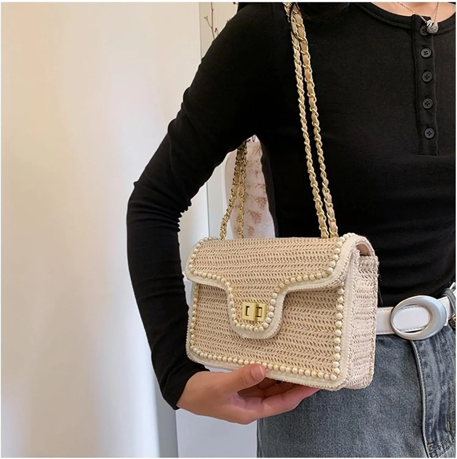 Straw Purses for Women Small Crossbody Bags with Adjustable Strap Summer Purse Beach Bag Rattan Bag Wicker Purses(Beige,Large)