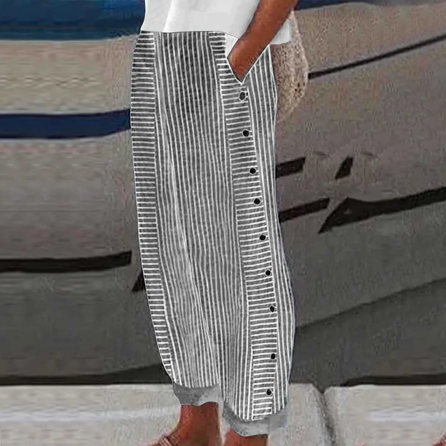 Striped Linen Pants Women Summer Crop Causal Pants Button Side Elastic Waist Straight Leg Pants with Pockets Beach Trousers