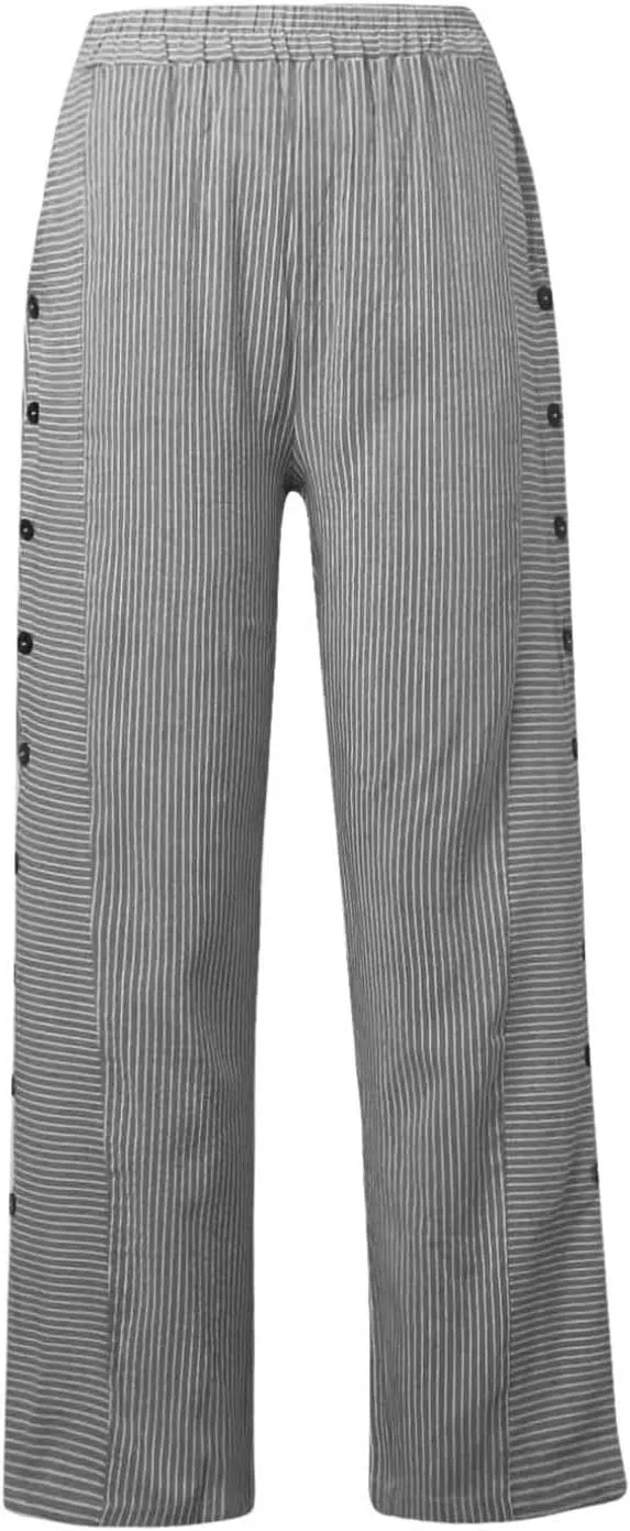 Striped Linen Pants Women Summer Crop Causal Pants Button Side Elastic Waist Straight Leg Pants with Pockets Beach Trousers