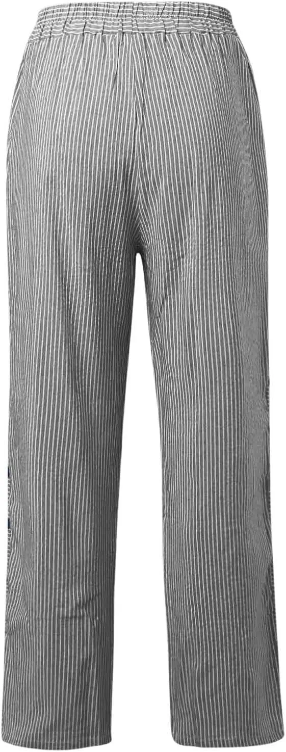 Striped Linen Pants Women Summer Crop Causal Pants Button Side Elastic Waist Straight Leg Pants with Pockets Beach Trousers